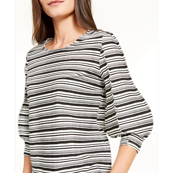 AlfaniTunic Blouse Raw Edge Bubble 3/4 Sleeve Black and Cream Striped - Picture 3 of 8